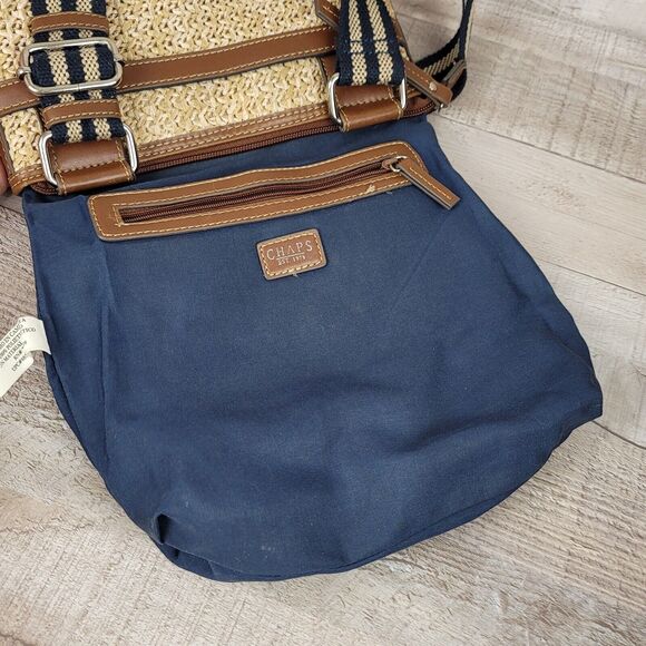 Crossbody Purse CHAPS Straw Vegan Faux Leather Cloth Strap Metal Logo Slim - Picture 8 of 16